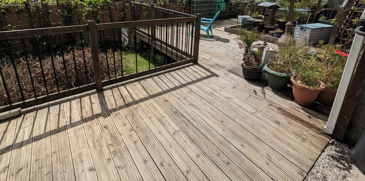 Partially cleaned decking are