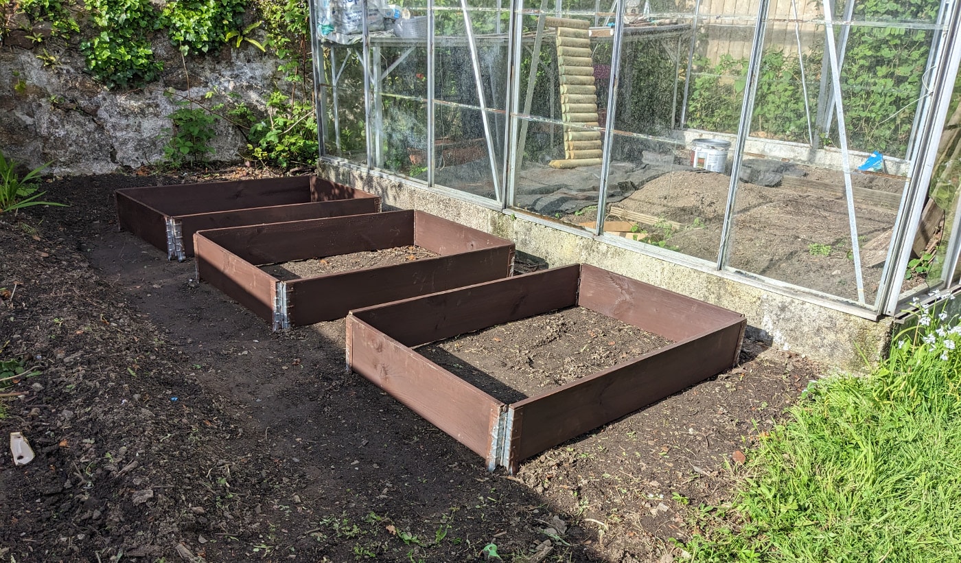The stained veg beds in place